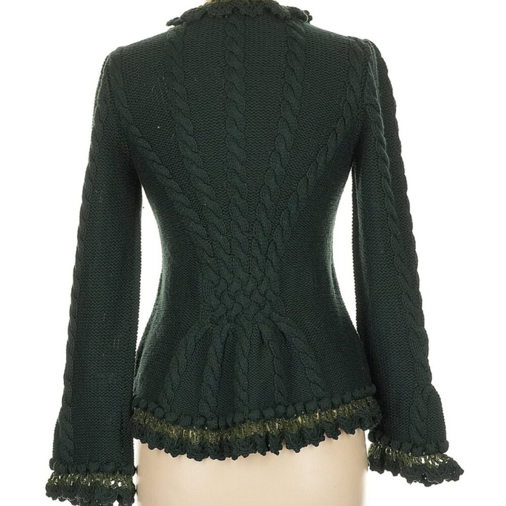 🌿 Carlisle Forest Green Merino Wool Fairycore Cardigan | Knit Flower Appliqué S - Picture 5 of 13